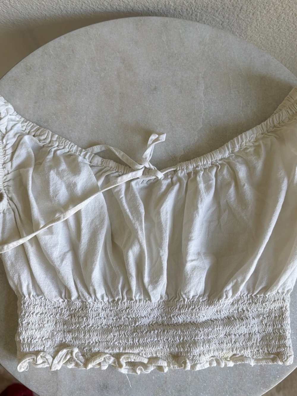 Brandy Melville Cream Smocked Off-Shoulder Tie Crop Top